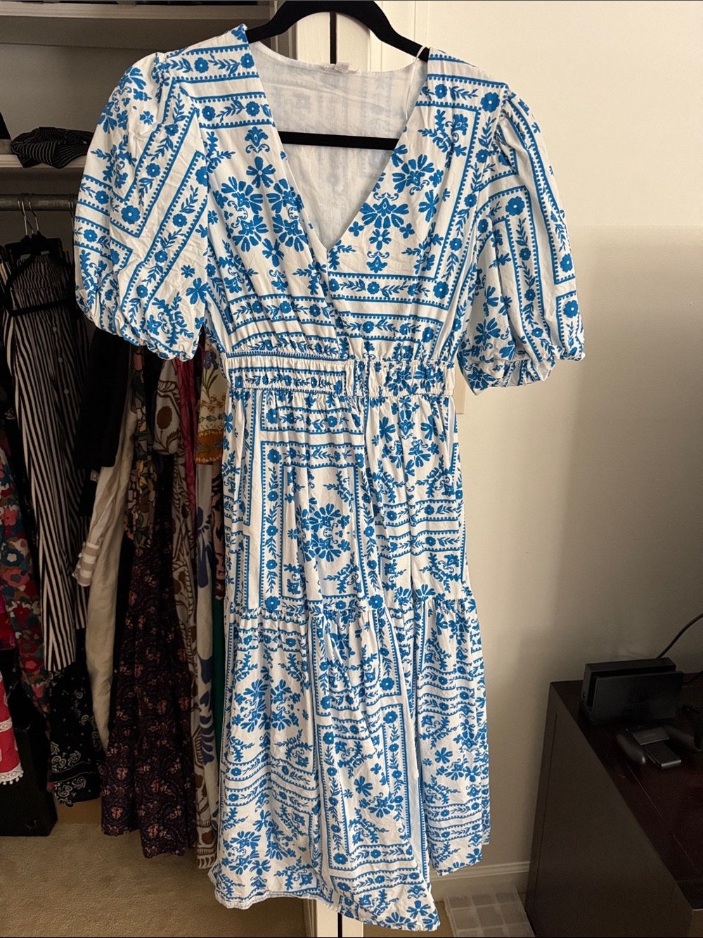 Blue & White Floral V-Neck Midi Dress